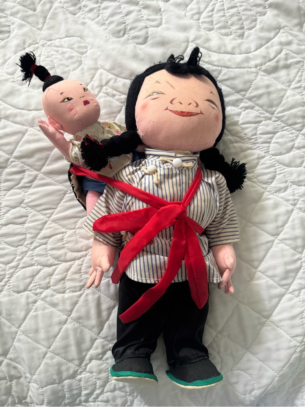 Doll with Red Sash and Pink Face with baby in backpack - Kids Toy